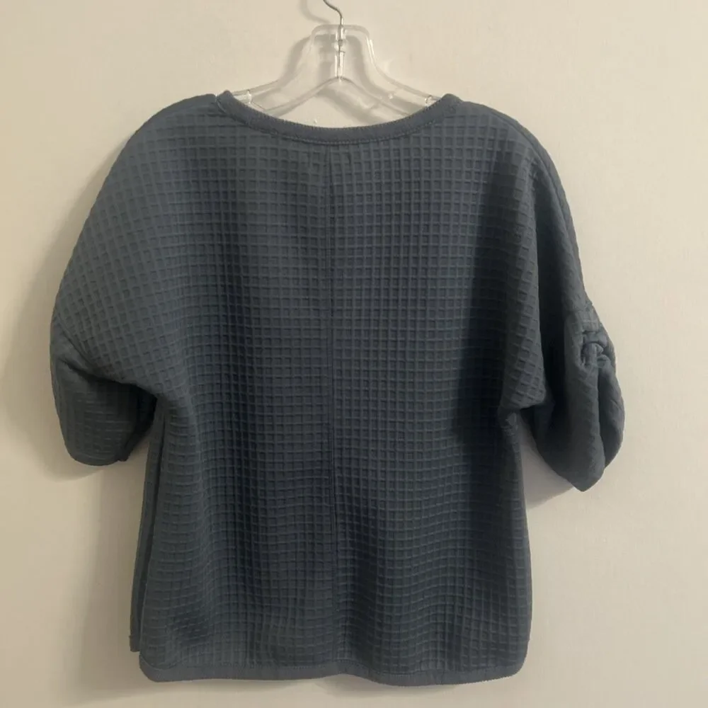 Max Studio London Blue Textured Waffle Knit Short Sleeve Top Size Small